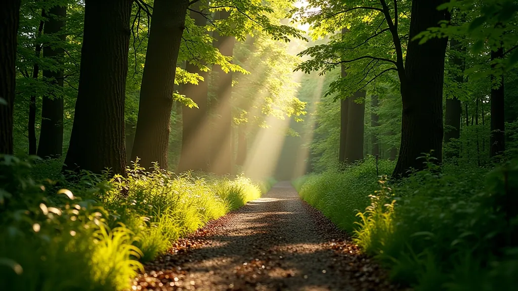 Sunlit forest path lined with ancient trees and dappled green light filtering through canopy