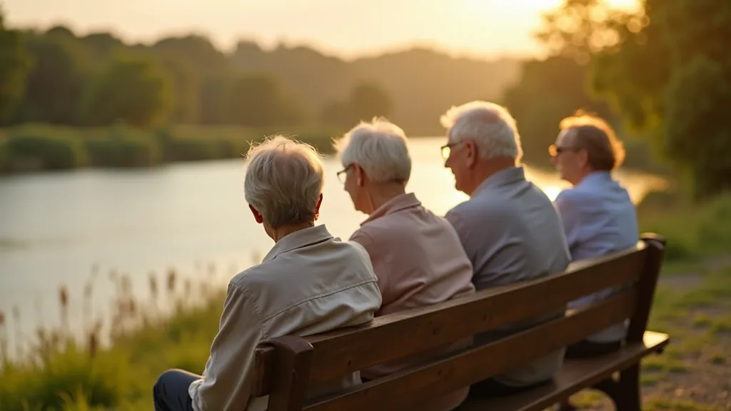 Group of older adults sitting on riverside benches during golden hour, relaxing and enjoying the view of water