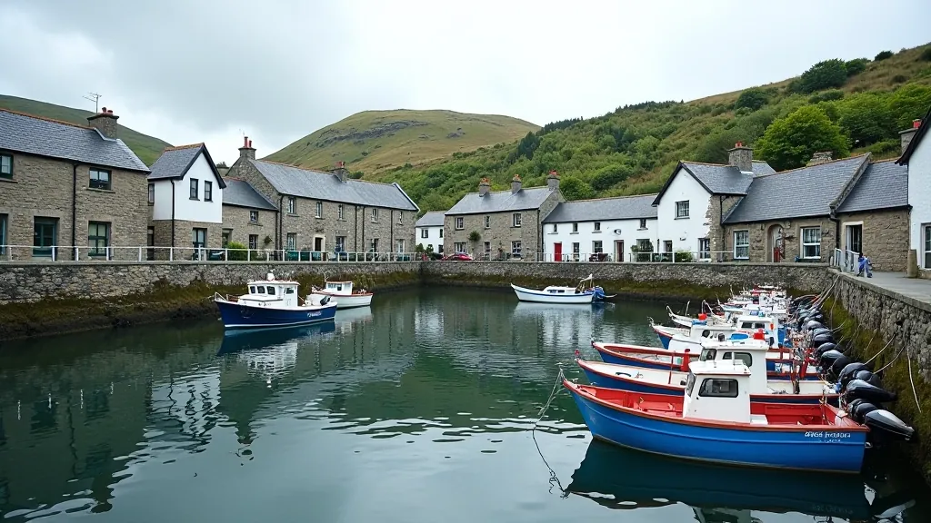 Colorful fishing boats moored in a calm harbor village with stone buildings reflected in water
