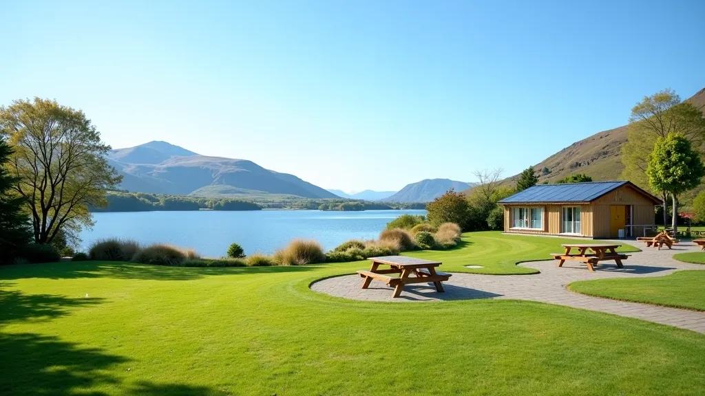 Lake with distant mountains, modern visitor facility building nearby, manicured picnic area with tables, blue sky