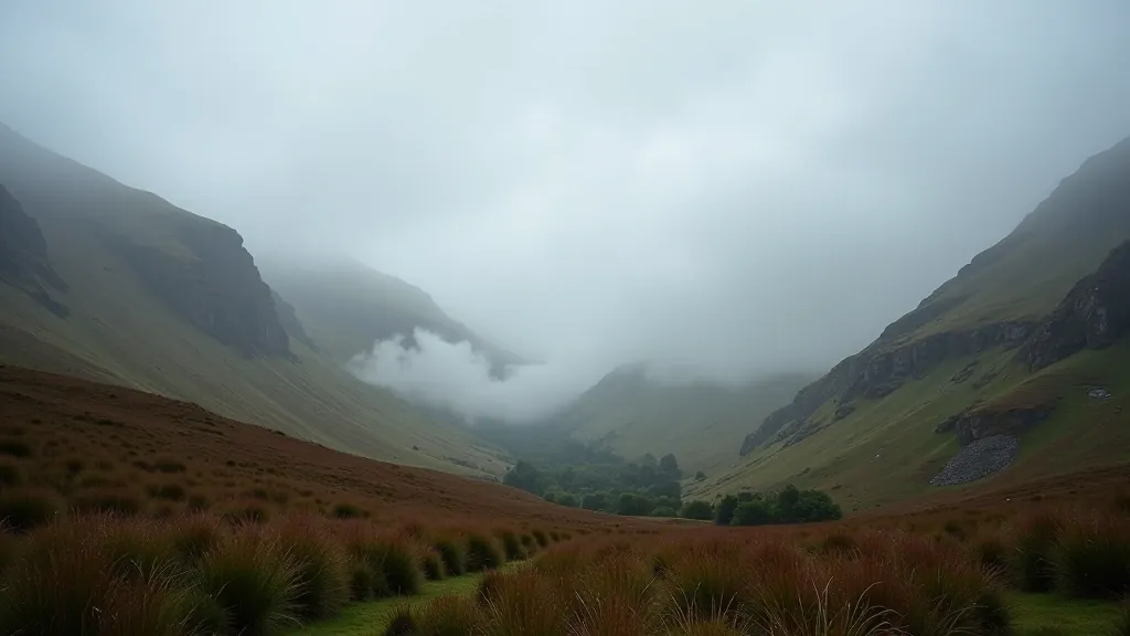 Misty valley landscape with rocky terrain and isolated trees in Connemara