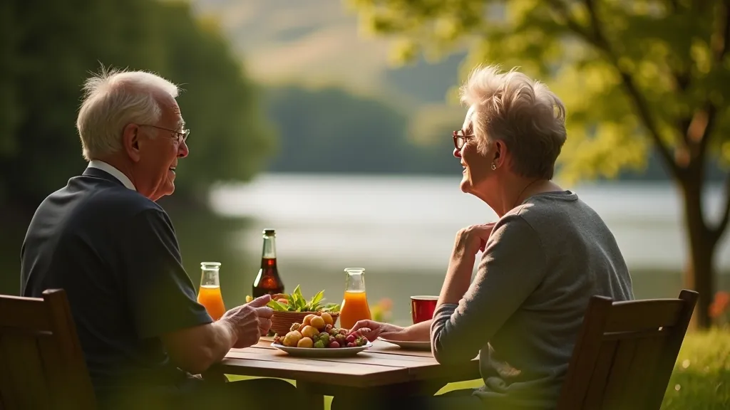 Retirees enjoying a peaceful picnic by the lake with natural scenery