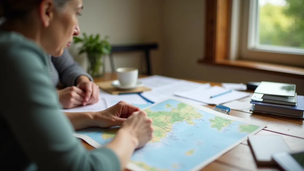 Retirement planning materials and maps organized for nature trip planning