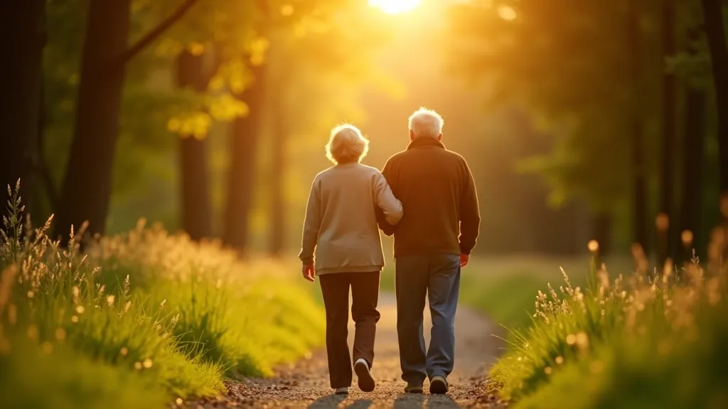 Peaceful senior couple walking together on a scenic forest path surrounded by green trees and natural light, golden hour, warm atmosphere