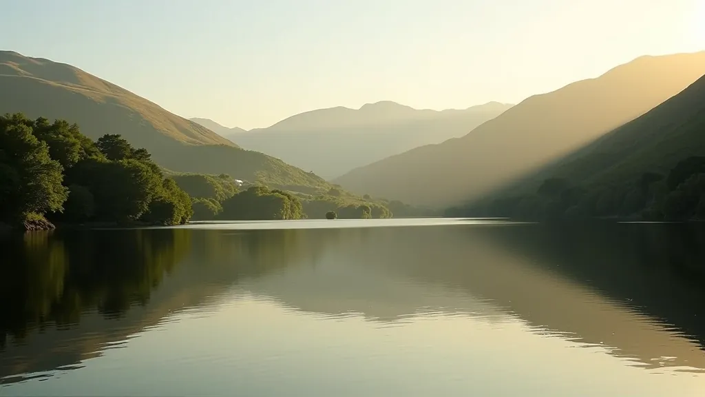 Peaceful lake with green rolling hills reflected in calm water during golden hour sunset