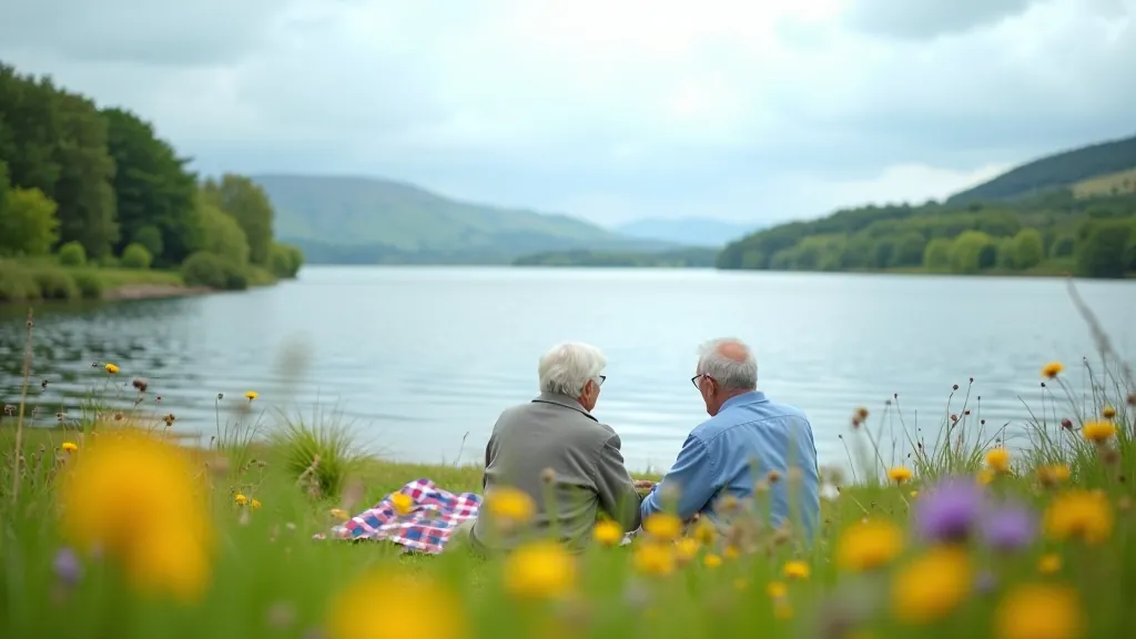 Retirees enjoying a peaceful lakeside picnic in Ireland
