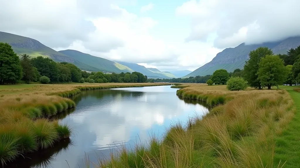 Wide Shannon river landscape with grassy banks and distant mountains under partly cloudy sky