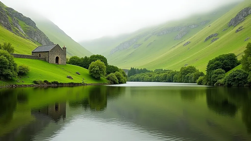 Small peaceful lake nestled between gentle green slopes, with traditional stone structure visible, afternoon light