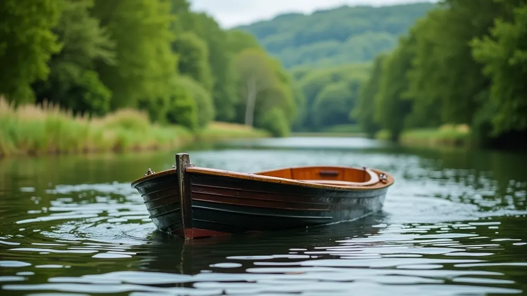 Traditional small motorboat on calm river waters, green vegetation and trees visible on both banks in background